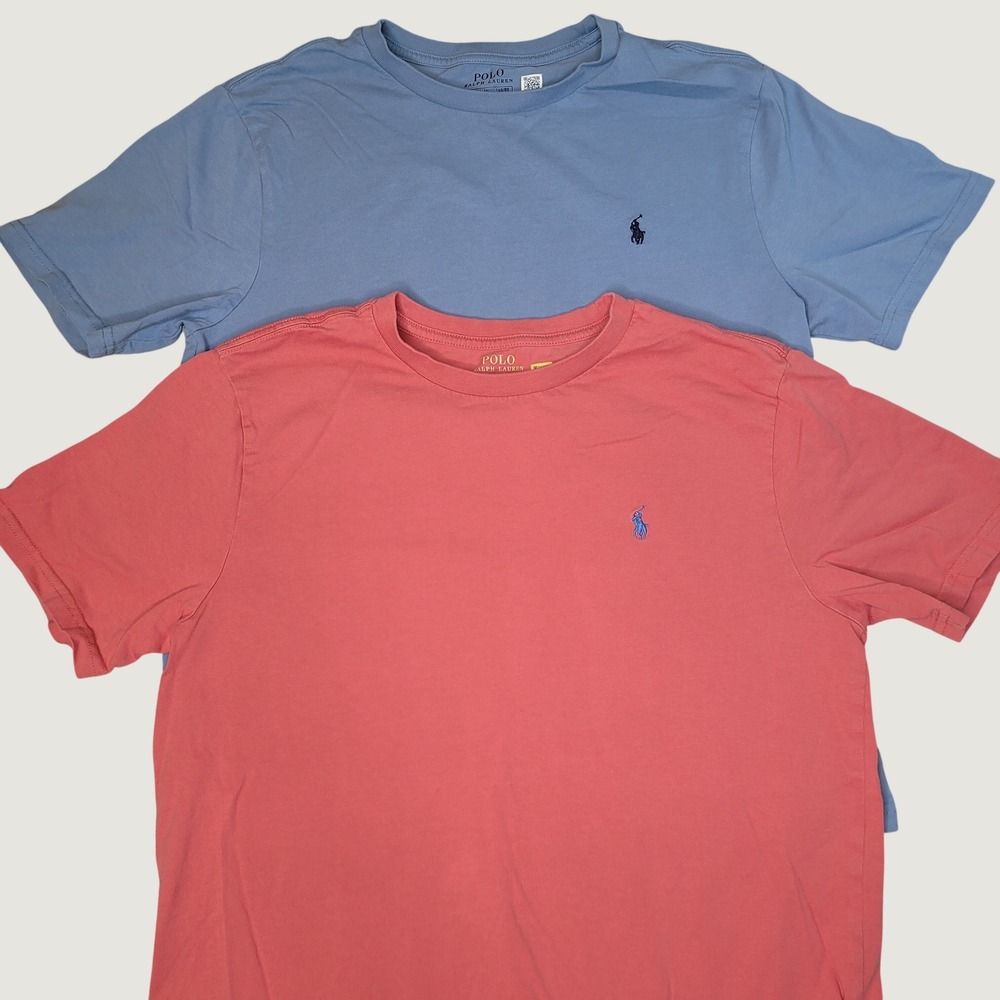 Polo Ralph Lauren Boys L 14-16 T-Shirt Lot of 2 Blue Coral Pony Logo Crewneck